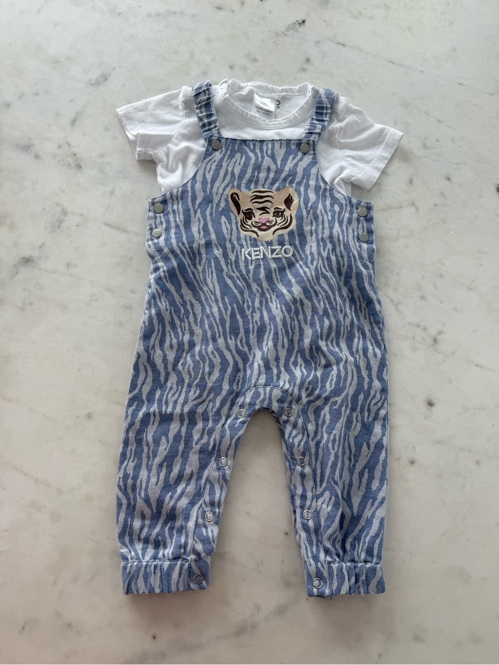 Kenzo White Tee with Blue Zebra-Print Overalls and matching Tee